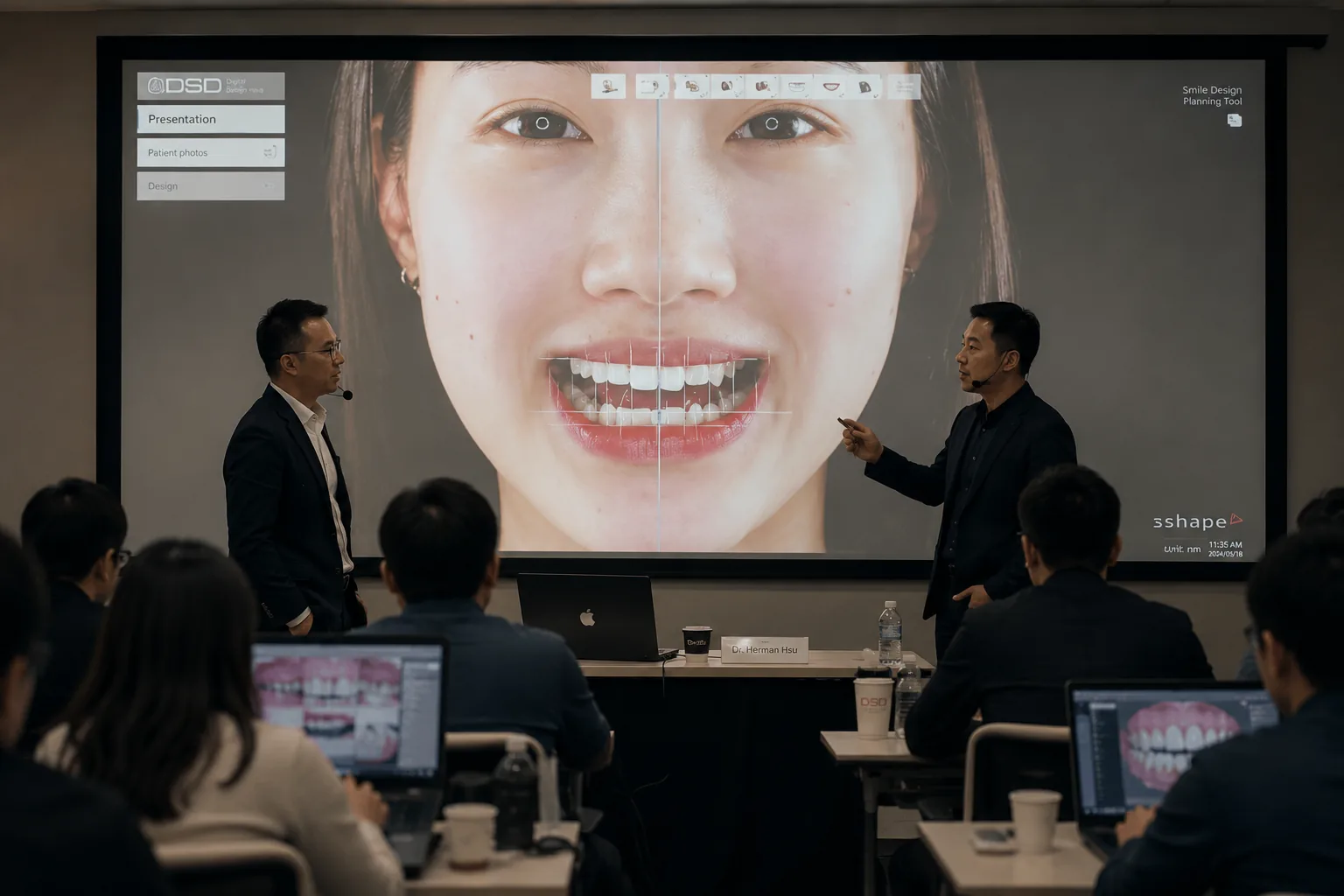 Dr. Herman Hsu 许恒恺医生在 Digital Smile Design 相关病例讨论中,与医生和技师共同分析数字化微笑设计、Mockup 与治疗前规划资料。