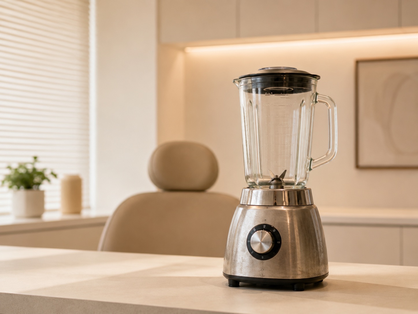 A blender resting on a counter in a quiet clinic