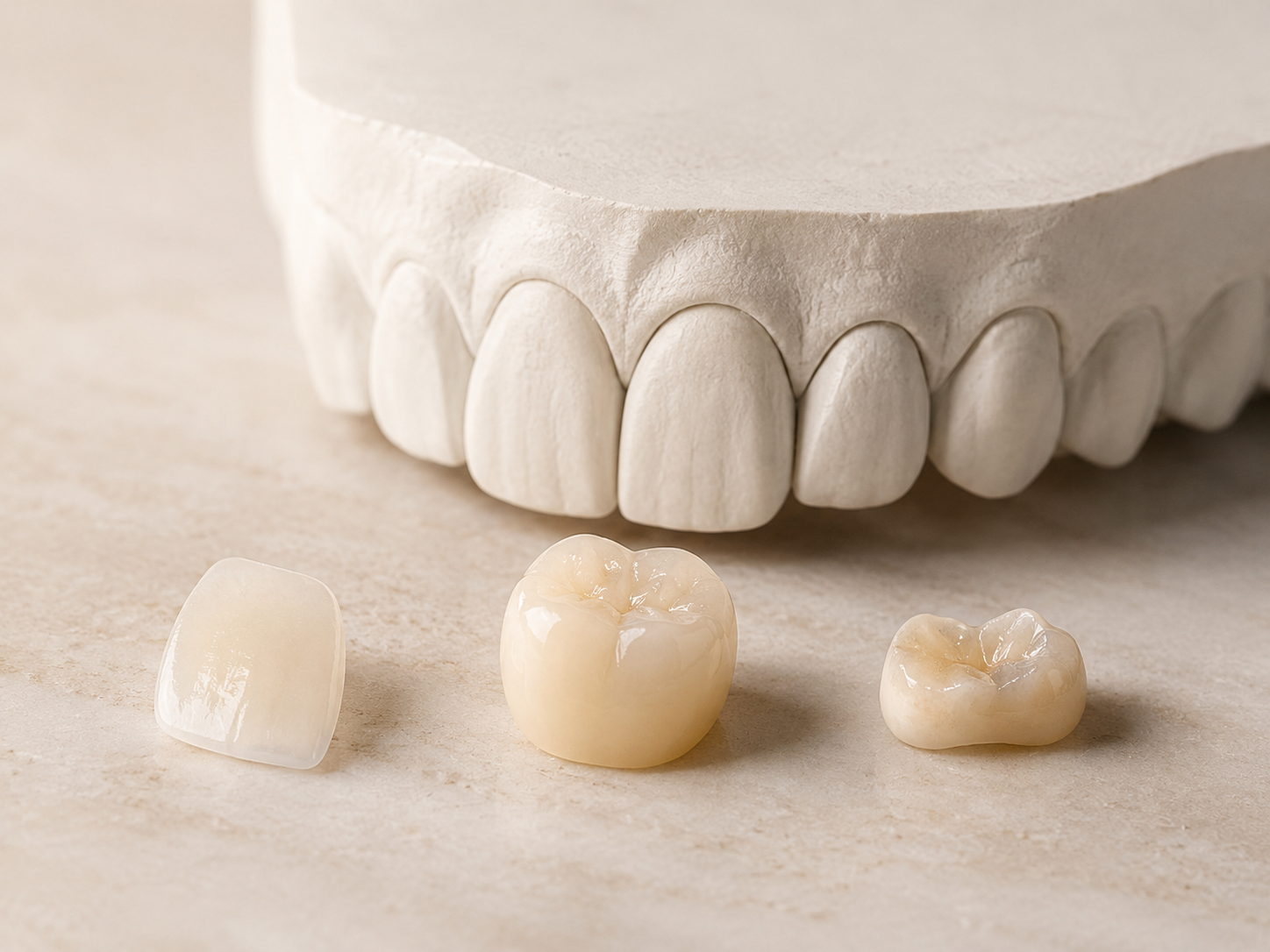 A no-person dental still-life image for restoration options veneers crowns resin.