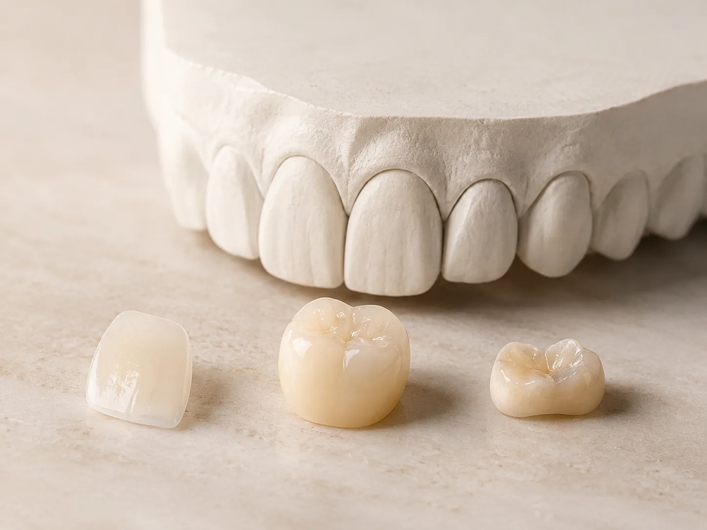 A no-person dental still-life image for restoration options veneers crowns resin.
