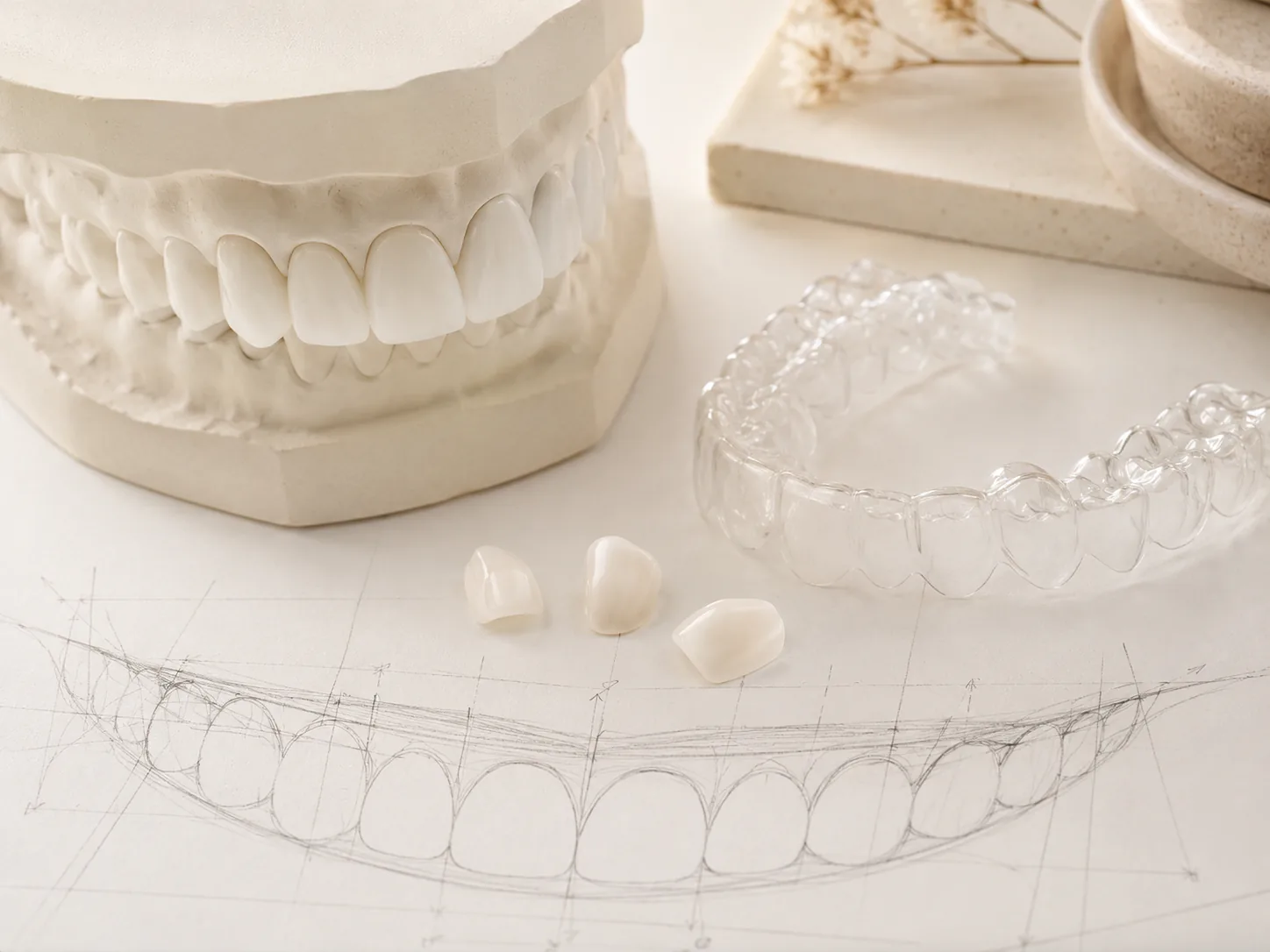 A no-person dental still-life image for veneers orthodontics natural result.
