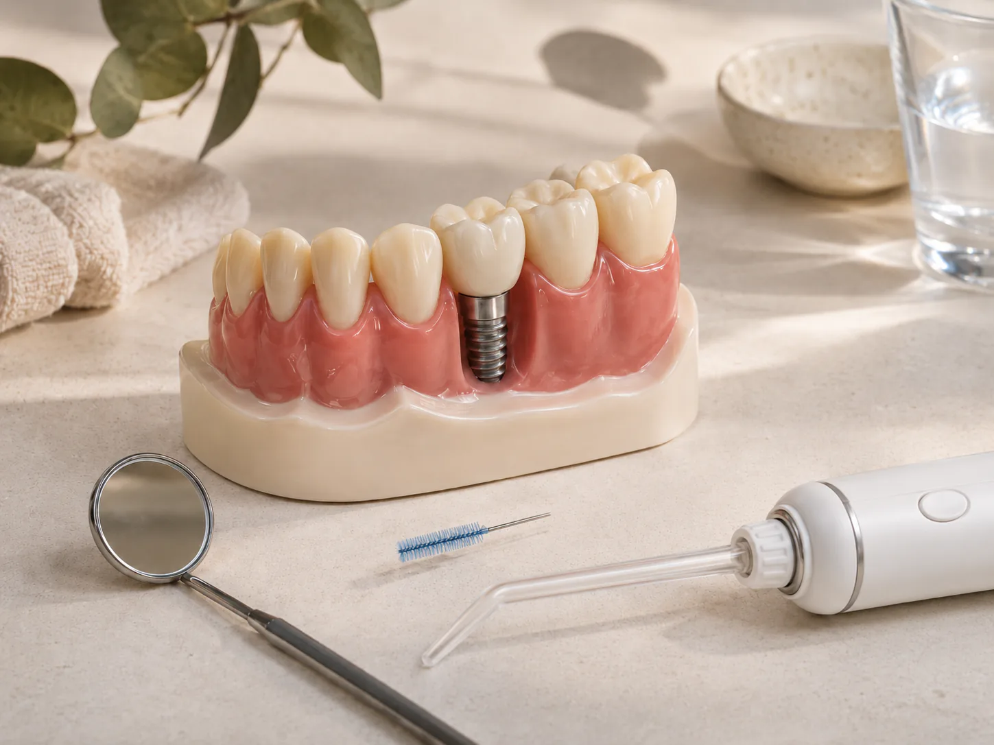 A no-person dental still-life image for dental implant maintenance.