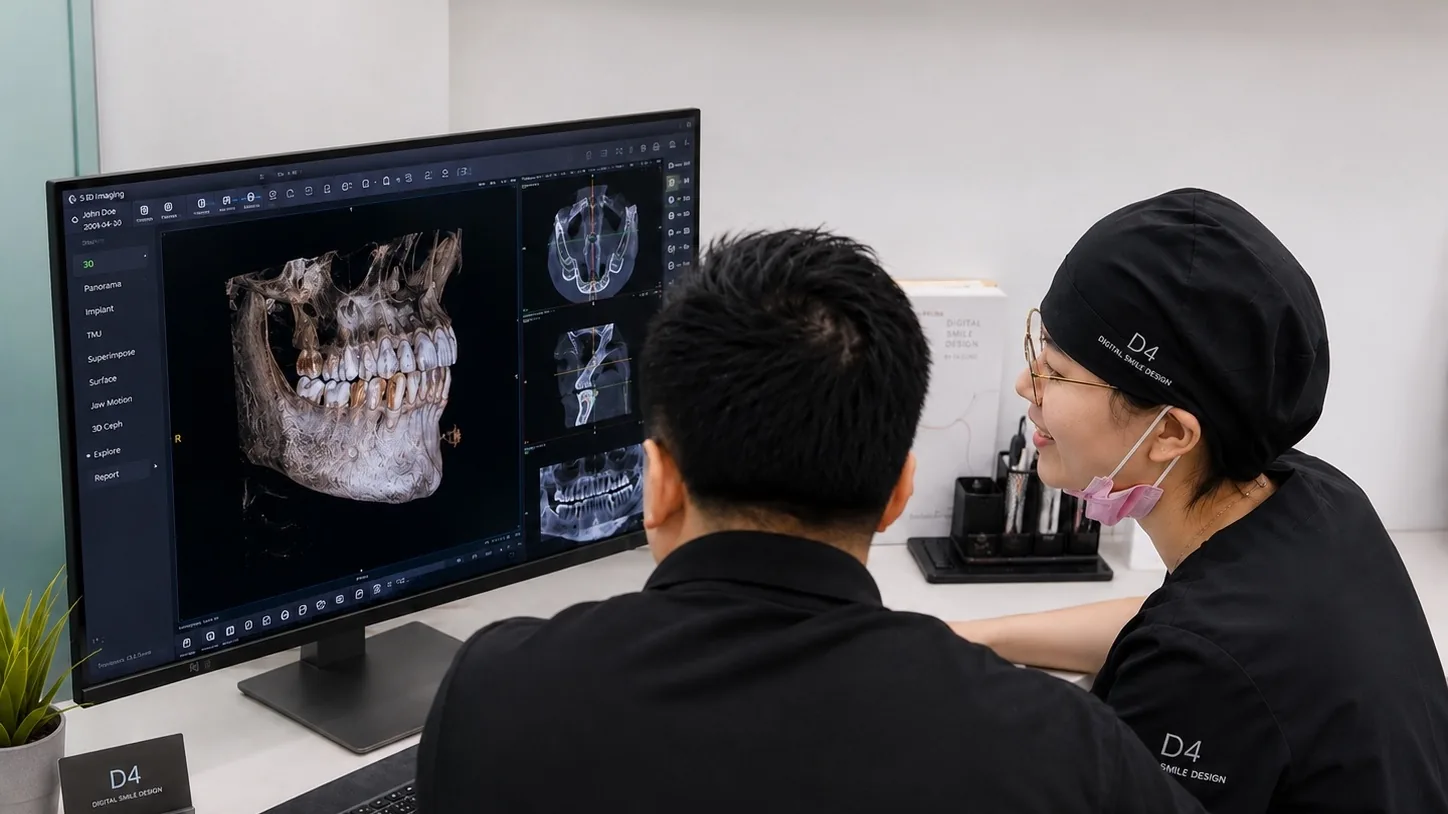 Clinicians discussing CBCT 3D imaging and treatment decisions at D4 Clinic.