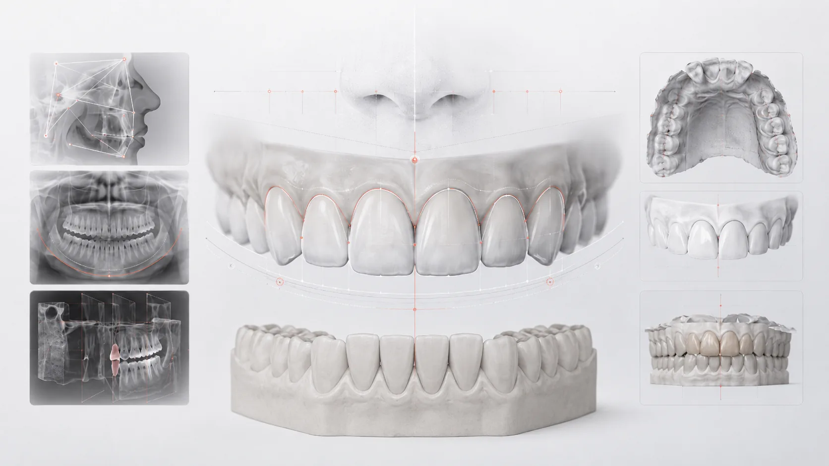 DSD smile design records combining profile imaging, panoramic radiography, 3D models, and tooth proportion reference lines