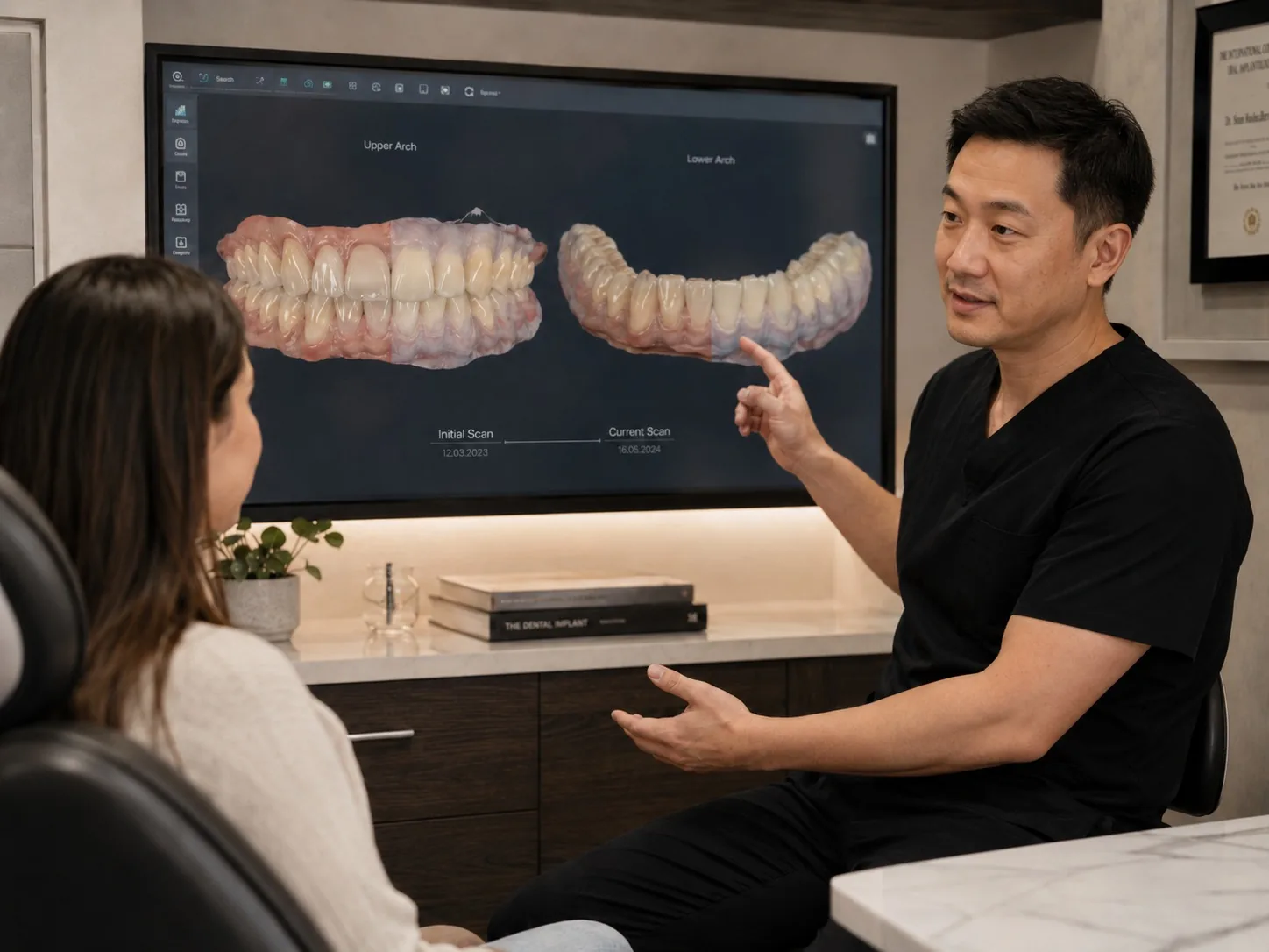D4 clinician explaining intraoral scan mesh comparison across treatment stages.