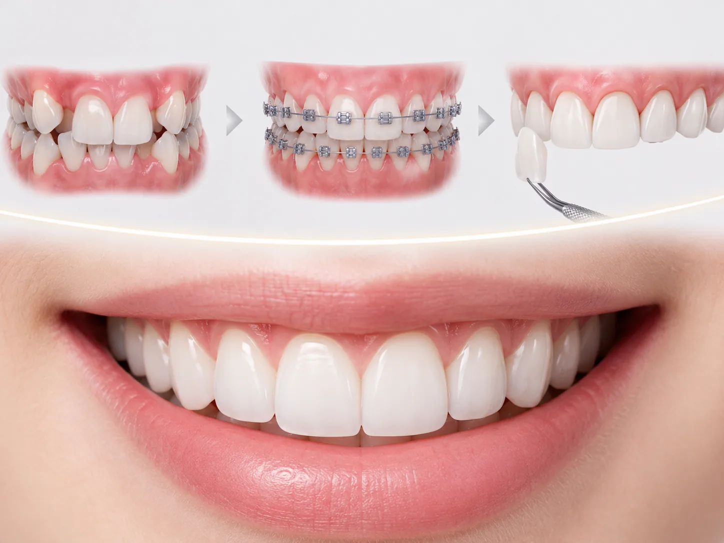 Digital analysis illustration comparing veneers and orthodontic treatment decisions